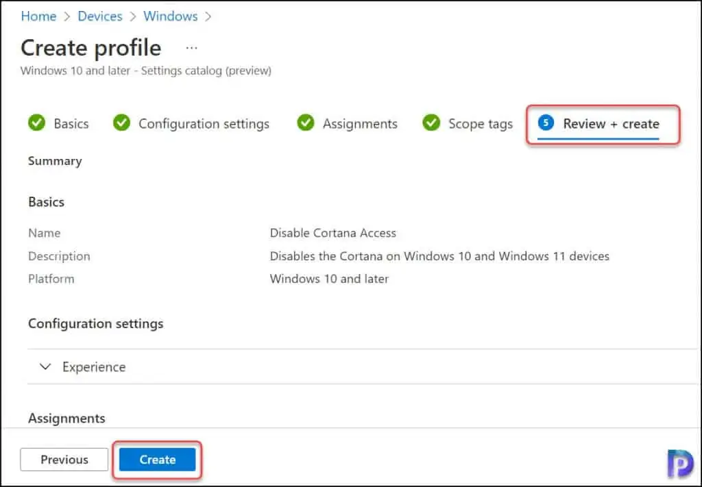 Turn Off Cortana Access - Review and Create