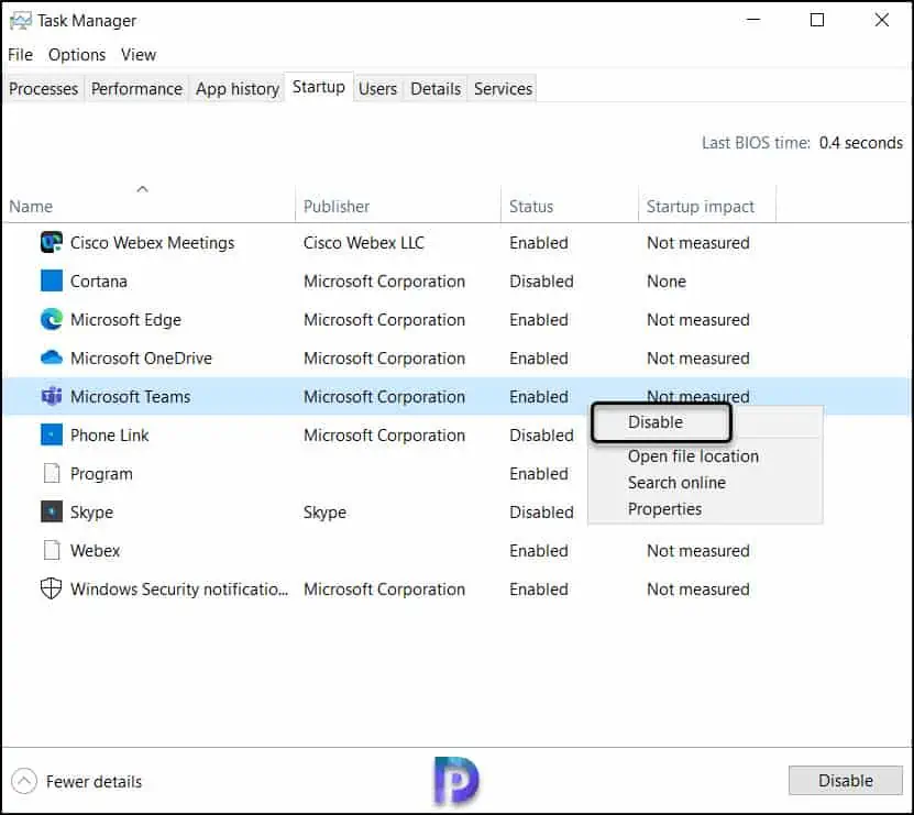Disable Microsoft Teams Auto Startup from Task Manager