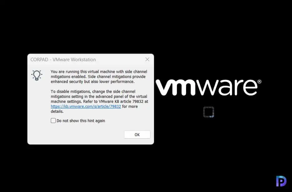 You are running this virtual machine with side channel mitigations enabled. Side channel mitigations provide enhanced security but also lower performance.