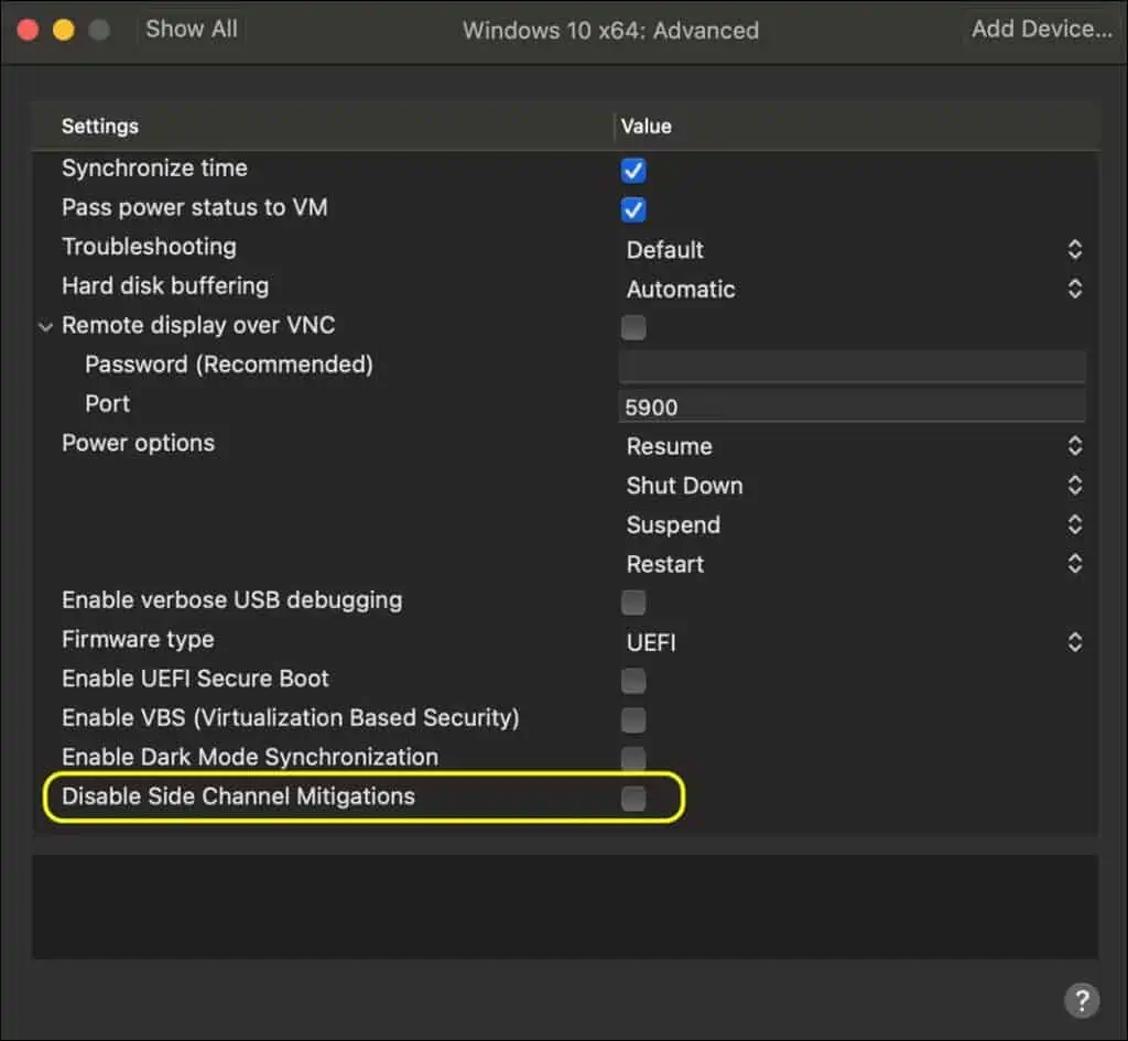 Disable Side Channel Mitigations using VMware Fusion