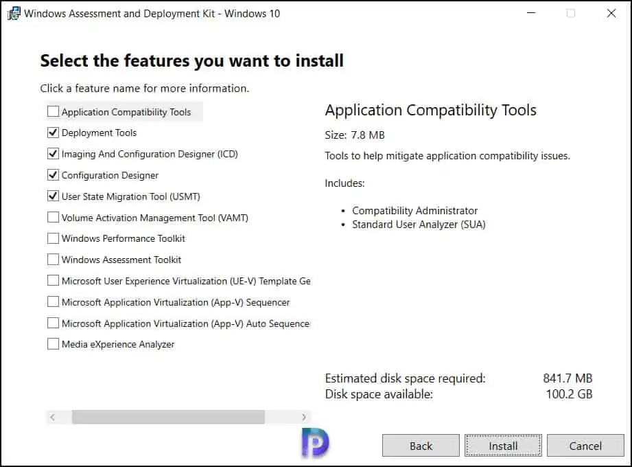 Select the ADK Features to Install