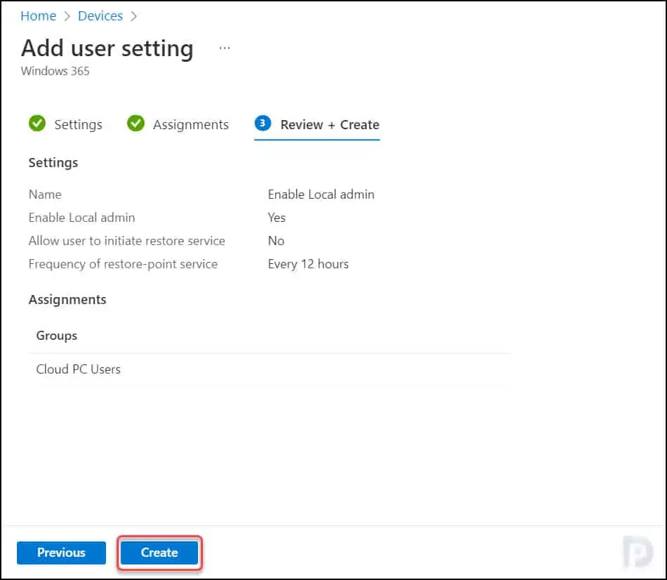 Create Cloud PC Local Admin Access User Setting