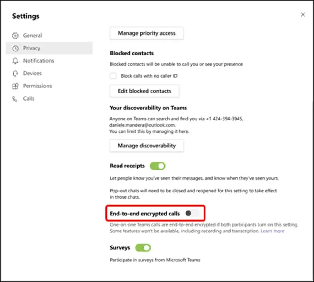 Turn on End-to-end Encrypted Calls option in Microsoft Teams