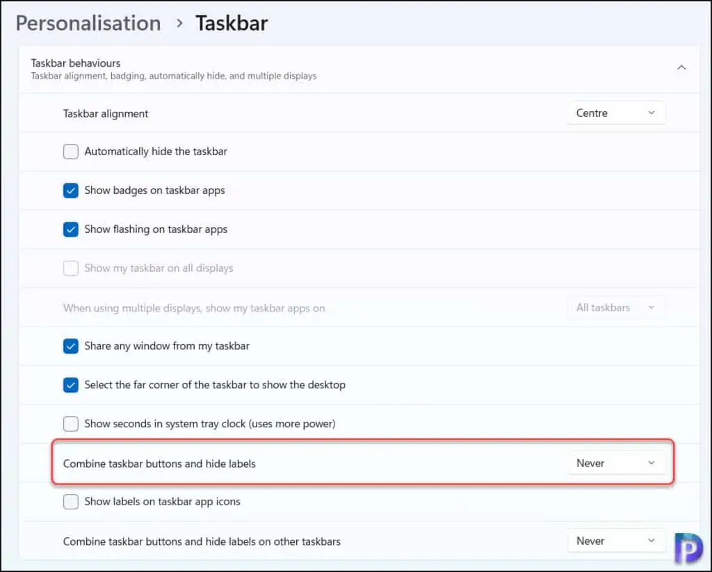 Enable Never Combine Taskbar Buttons in Windows 11