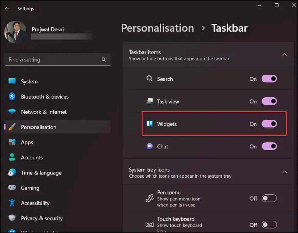 Enable Widget in Windows 11 Taskbar