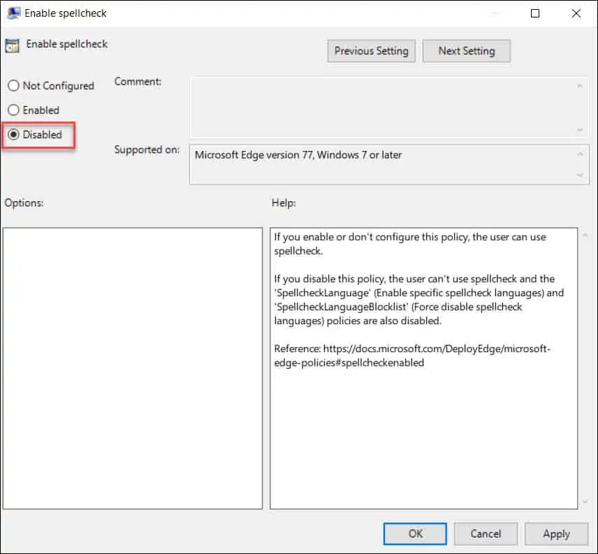 Disable Microsoft Edge Spell Check using Group Policy