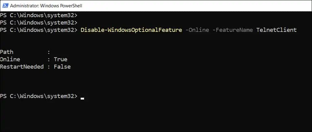 Disable Telnet using PowerShell