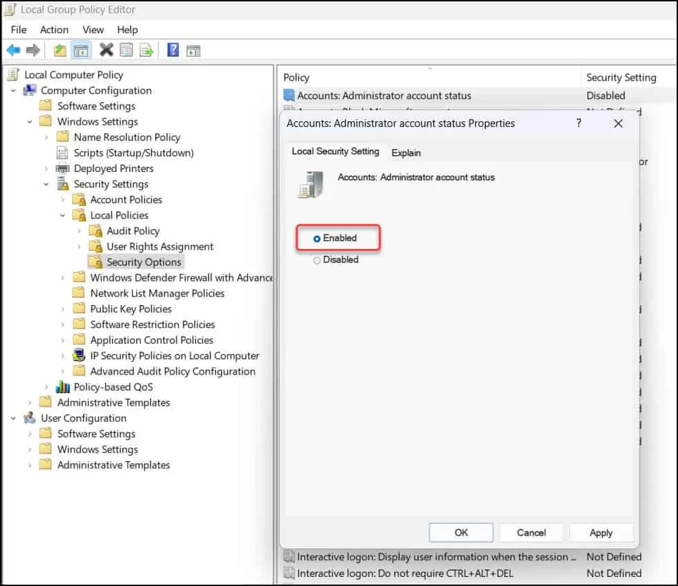 Enable Administrator Account in Windows 11 Using Group Policy Editor