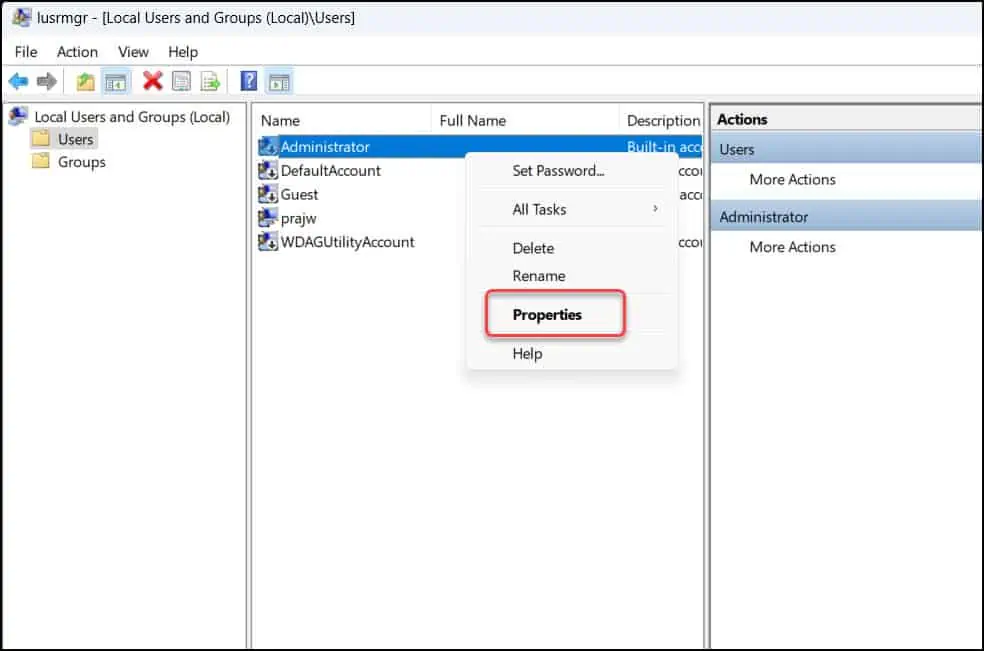 Enable administrator account in Windows 11 using Local Users and Groups