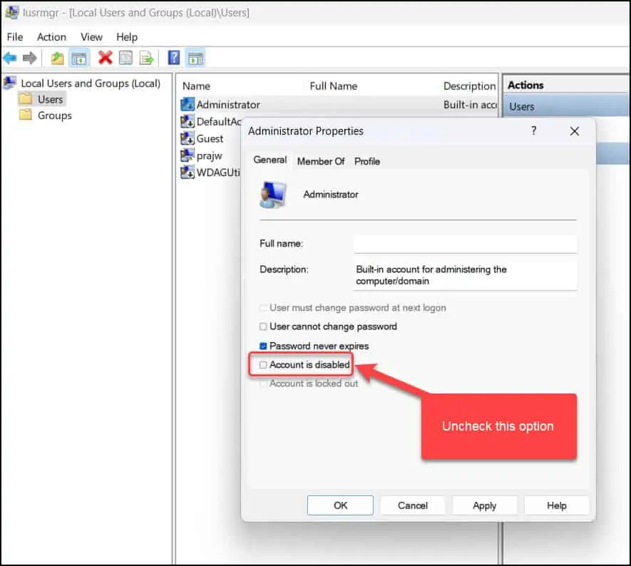 Enable administrator account in Windows 11 using Local Users and Groups