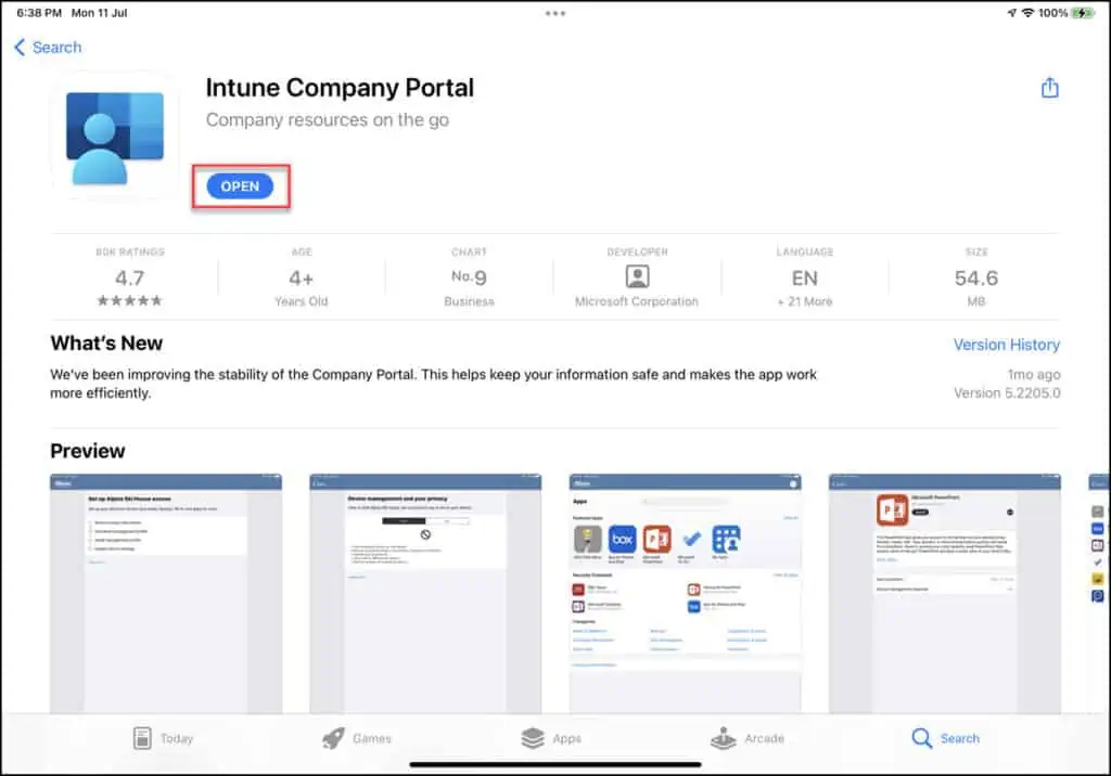 Install Intune Company Portal App from App Store