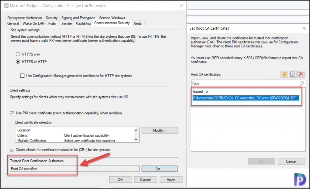 Specify the Root CA Certificate under Trusted Root Certification Authorities