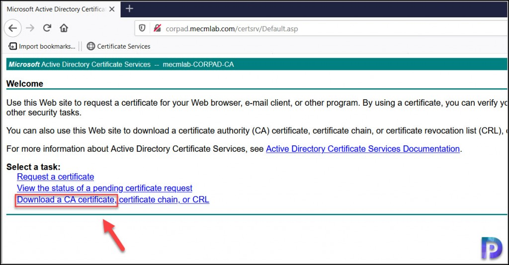 Request the Root Certification Authority Certificate from the Web Enrollment Site