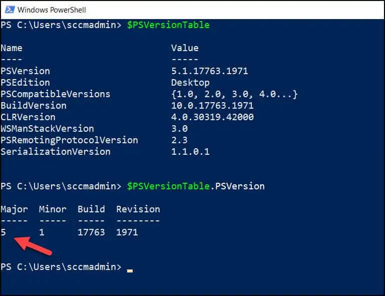 Find the PowerShell version using the PSversiontable command