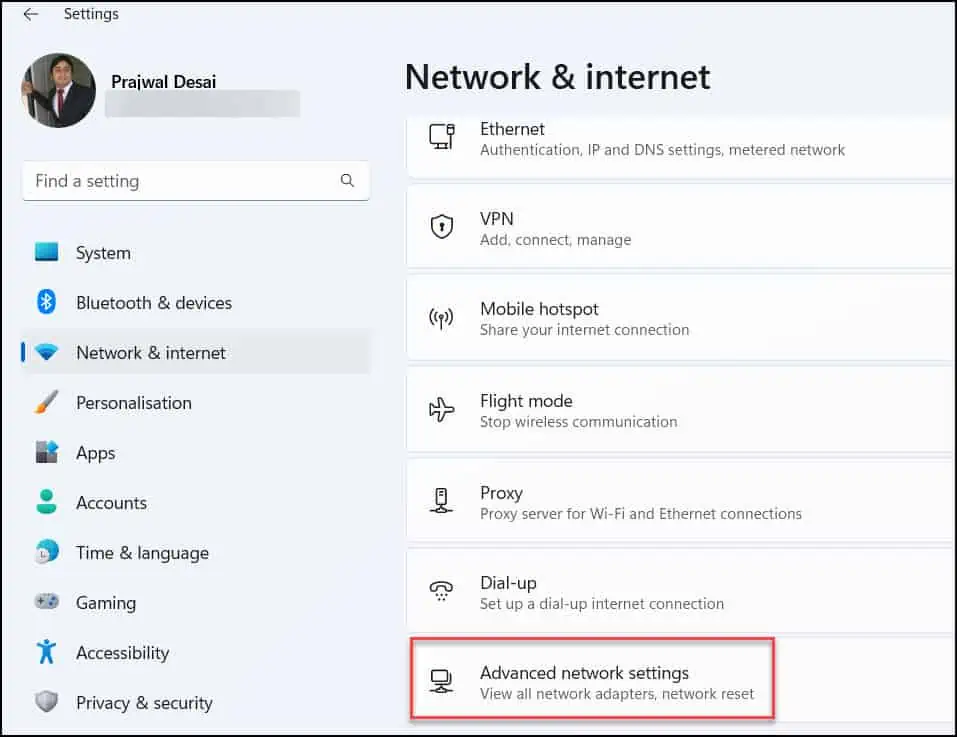 Windows 11 Advanced Network Settings