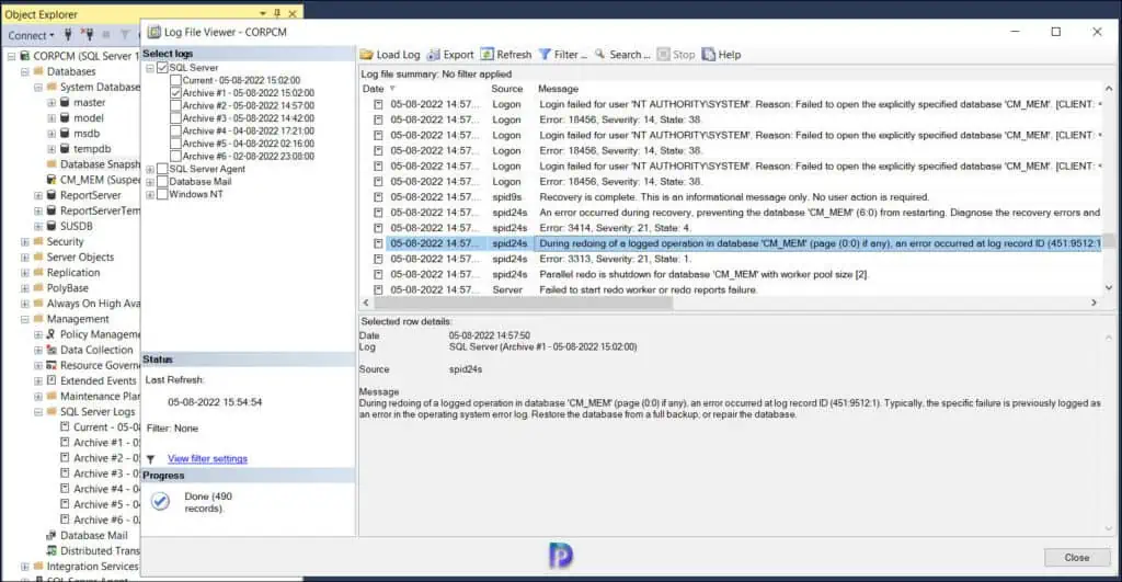 Review SQL Database Error Logs