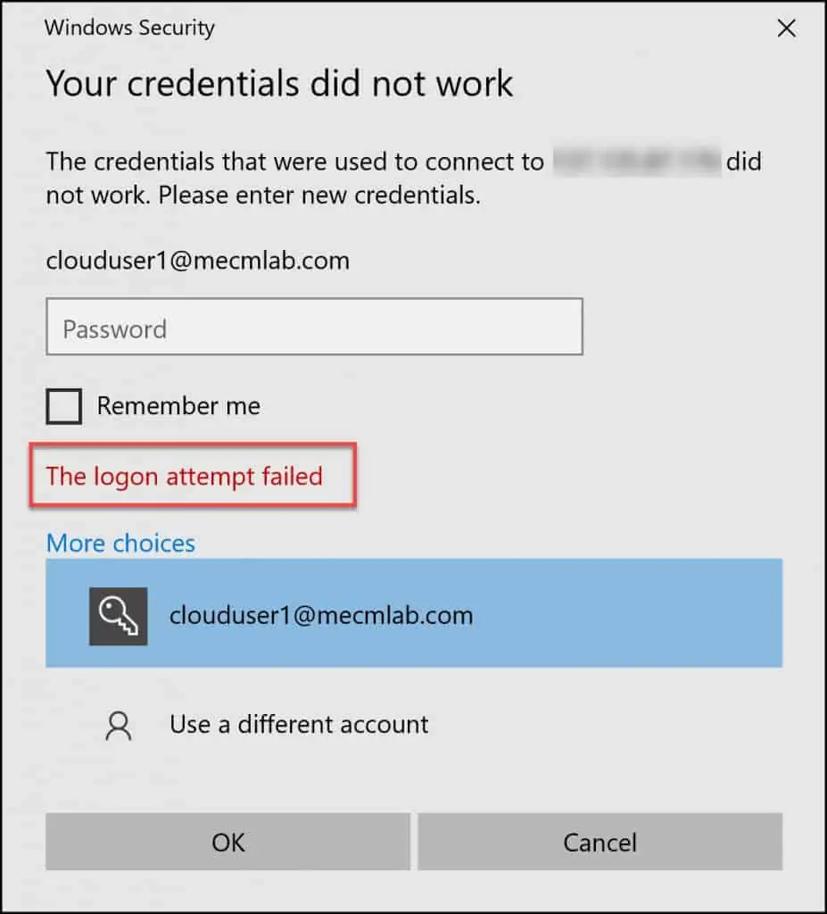 Unable to RDP Azure VM Unauthorized Client The login attempt failed