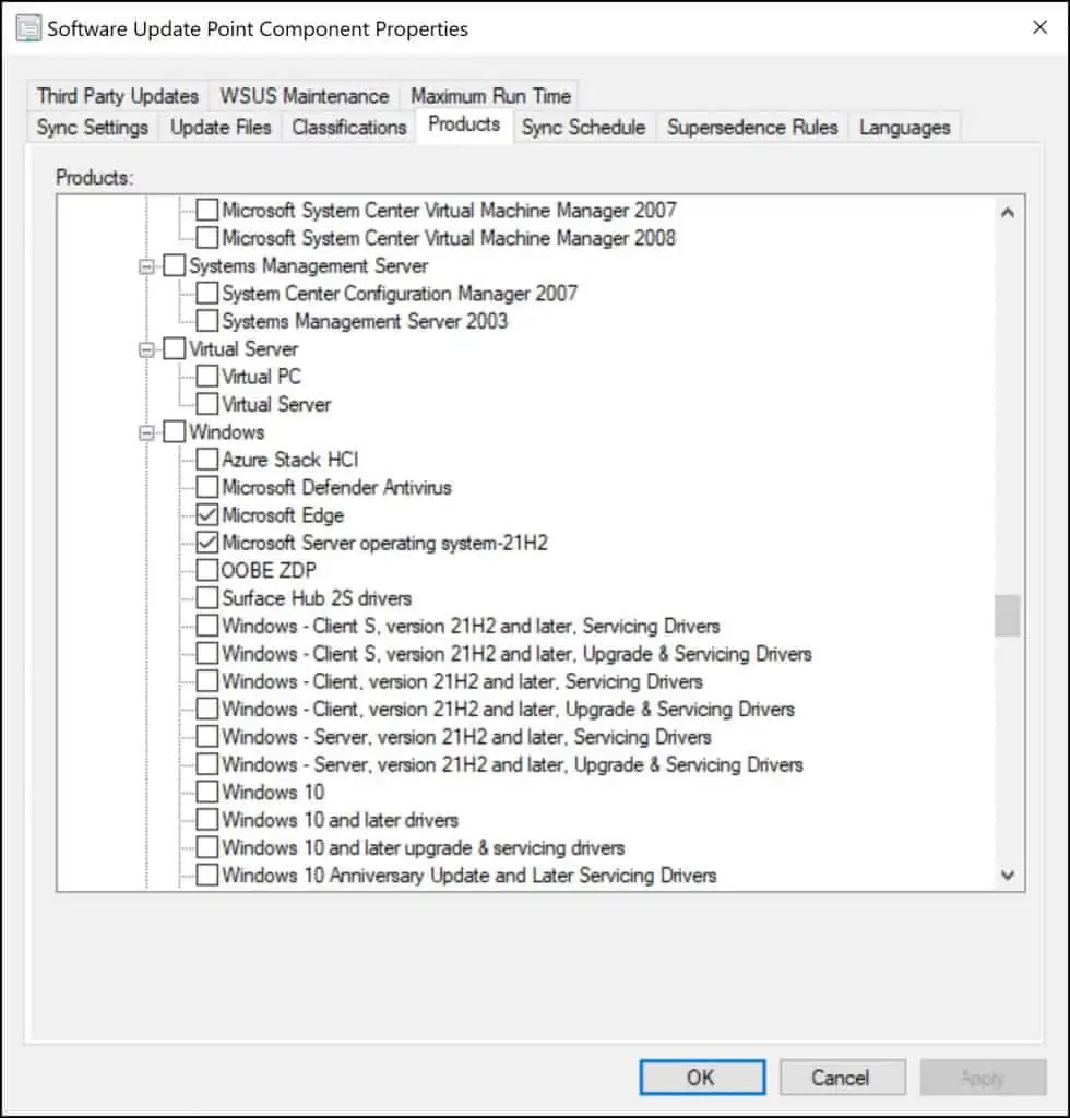 Enable Server 2022 product updates in SCCM