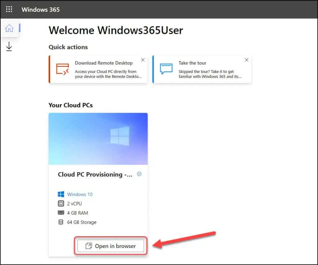 Access Cloud PC from Windows 365 Home Page