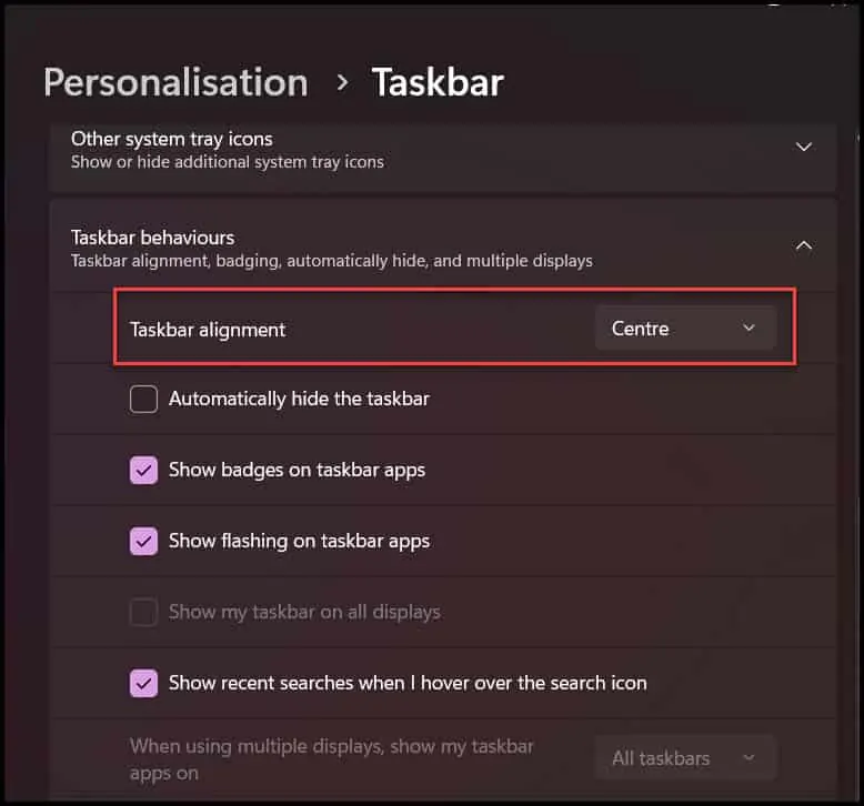 Change Taskbar alignment to the center on Windows 11