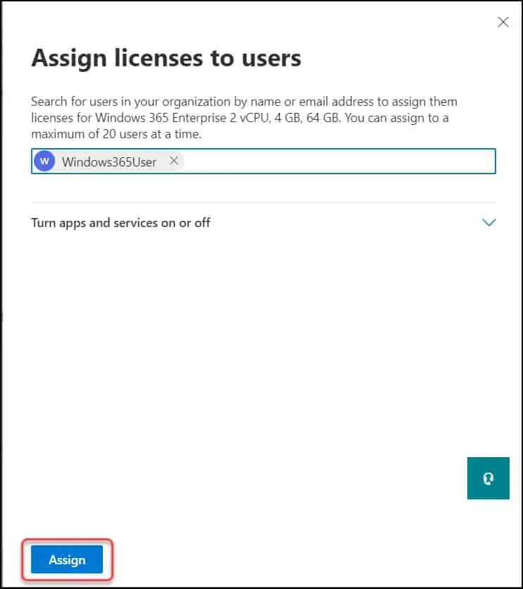 Microsoft 365 Admin Center - Assign License to Cloud PC user
