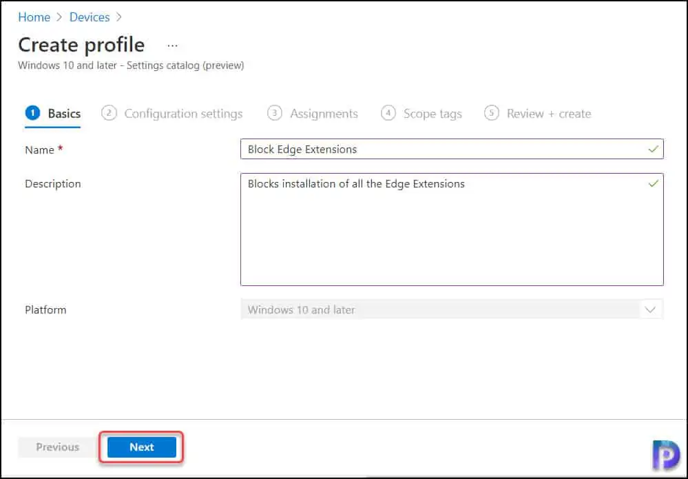 Intune Device Configuration Profile - Block Edge Extensions