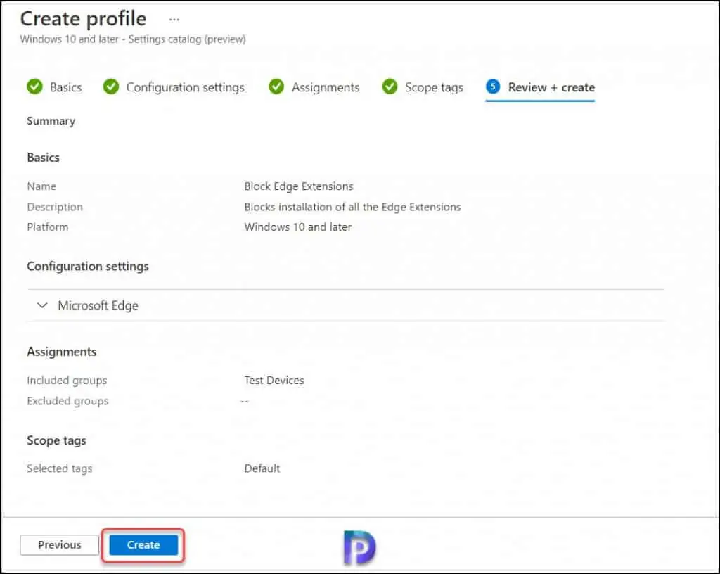 Review and Create - Block Edge Extensions using Intune