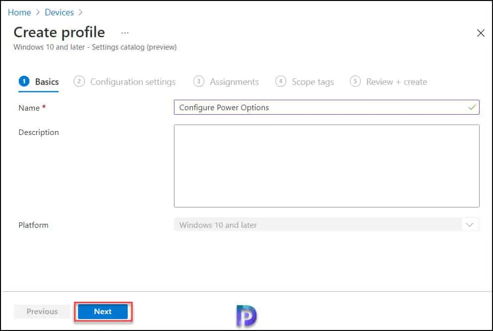 Configure Power Options using Intune - Create New Profile