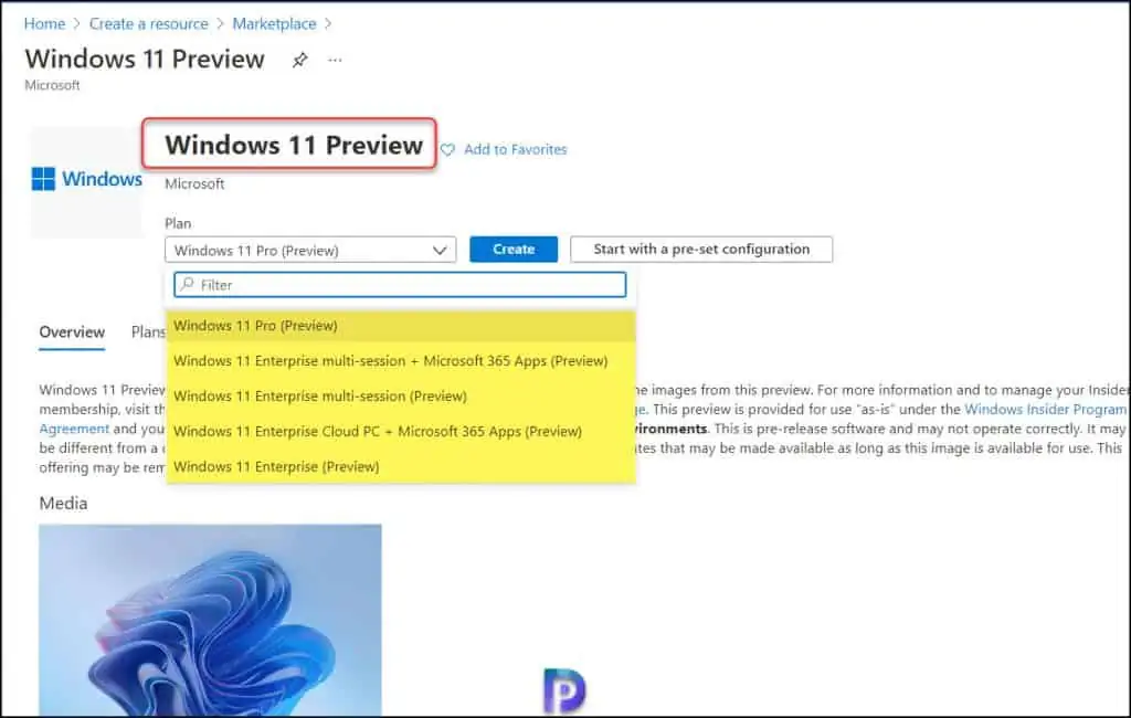 Supported Windows 11 Preview Versions by Microsoft Azure