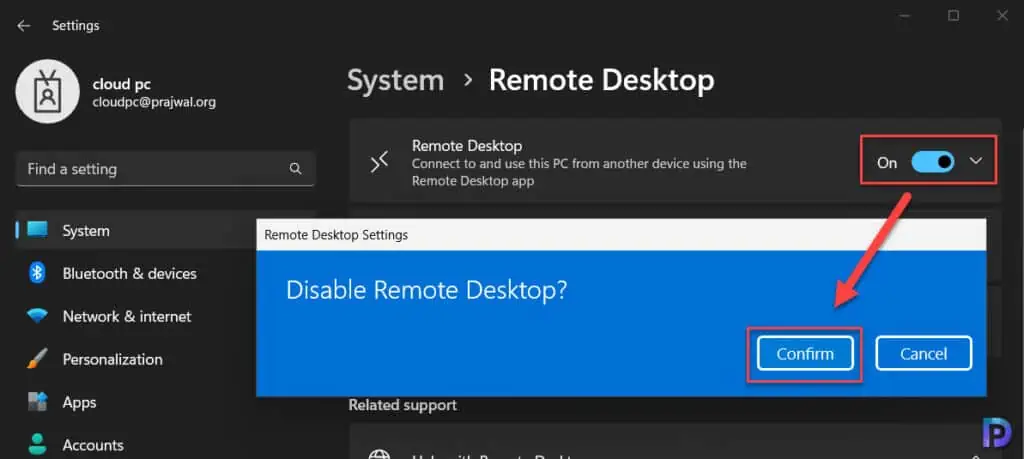 Disable Remote Desktop on Windows 11 using Settings