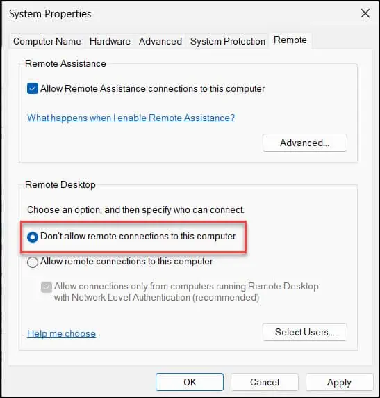 Disable Remote Desktop from Control Panel