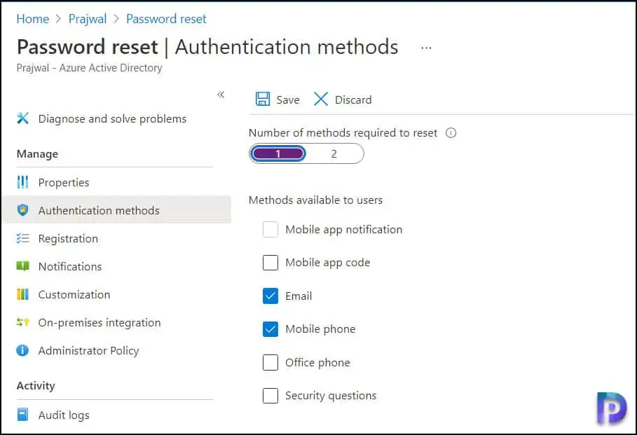 Select authentication methods and registration options