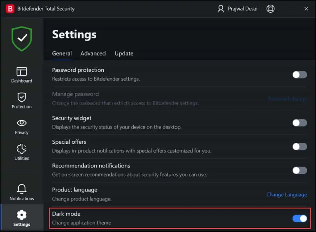 Enable Dark Mode for Bitdefender Total Security