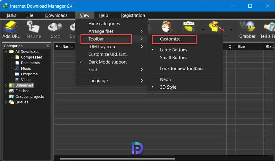 Customize Toolbar in IDM
