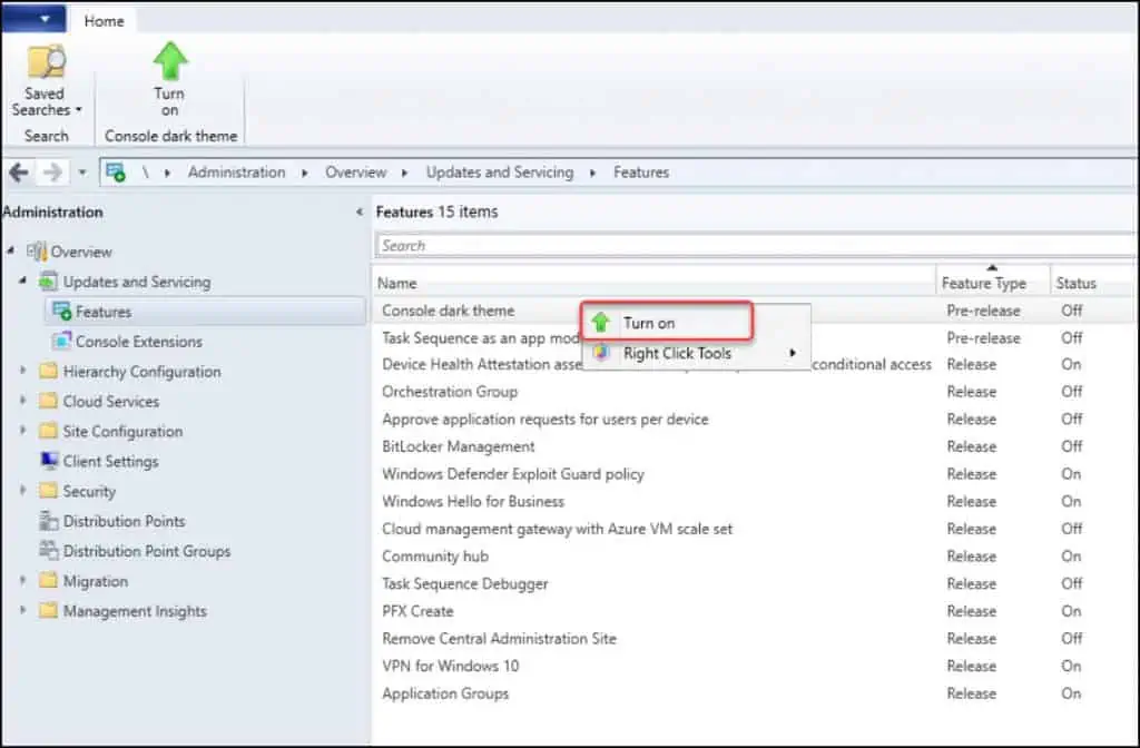 Turn on Console Dark Theme Feature in SCCM