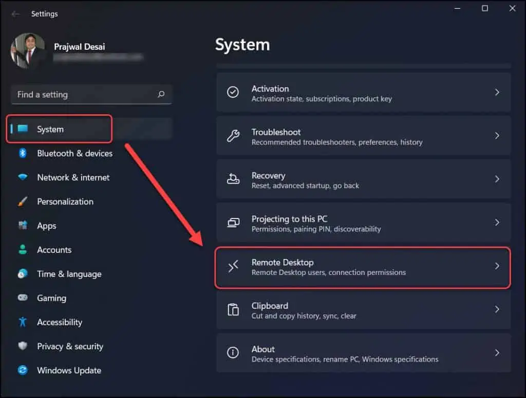 Enable Remote Desktop on Windows 11 from Settings