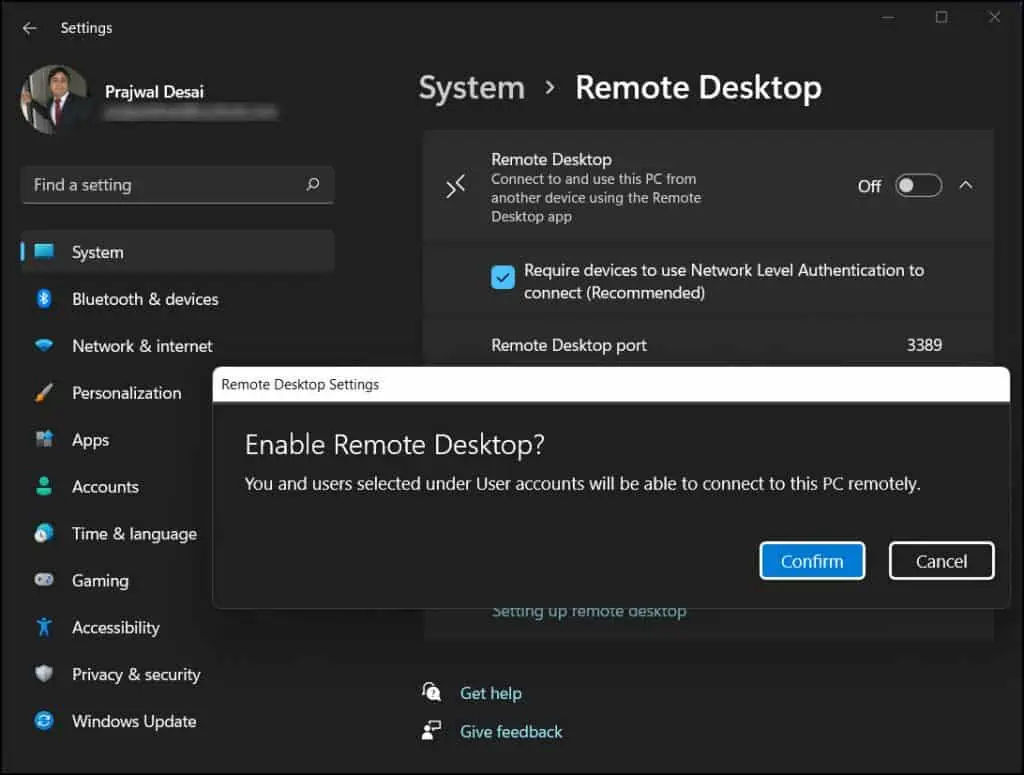 Enable Remote Desktop on Windows 11 from Settings