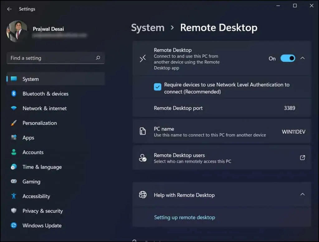 Enable Remote Desktop on Windows 11 from Settings