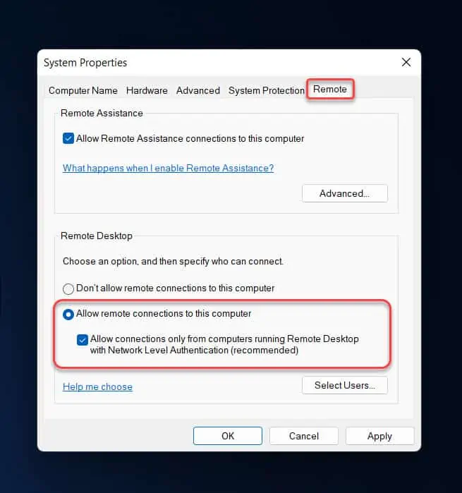 Enable Remote Desktop on Windows 11 from System Properties