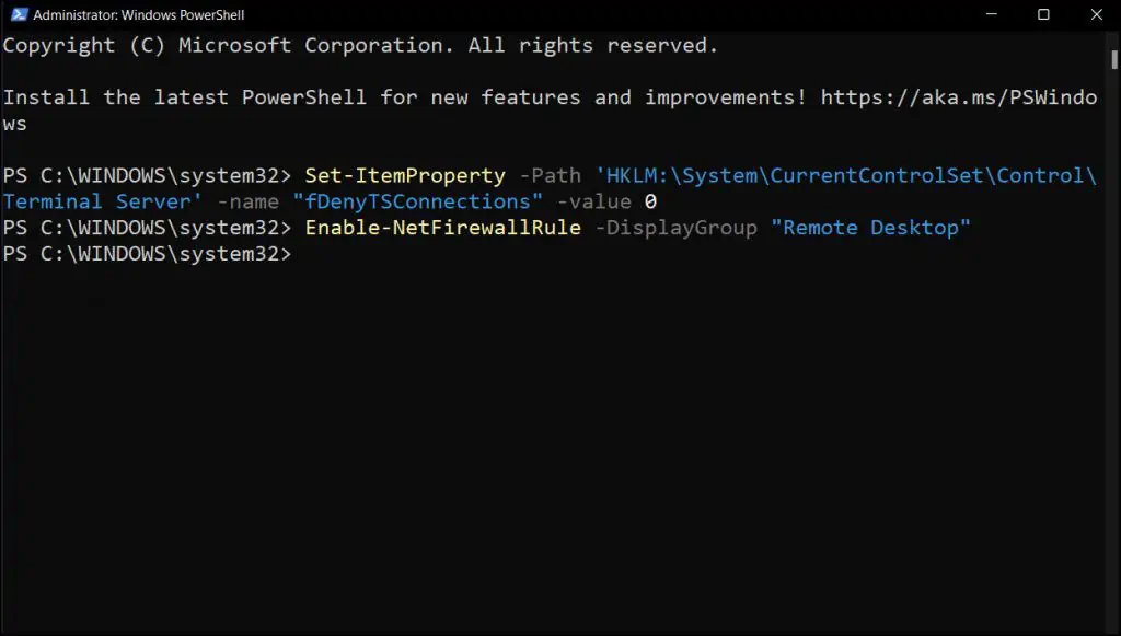 Enable Remote Desktop on Windows 11 using PowerShell