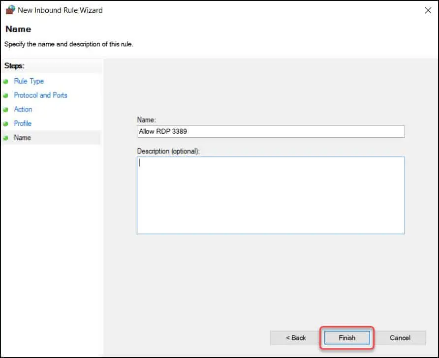 Allow Port 3389 through Windows Firewall