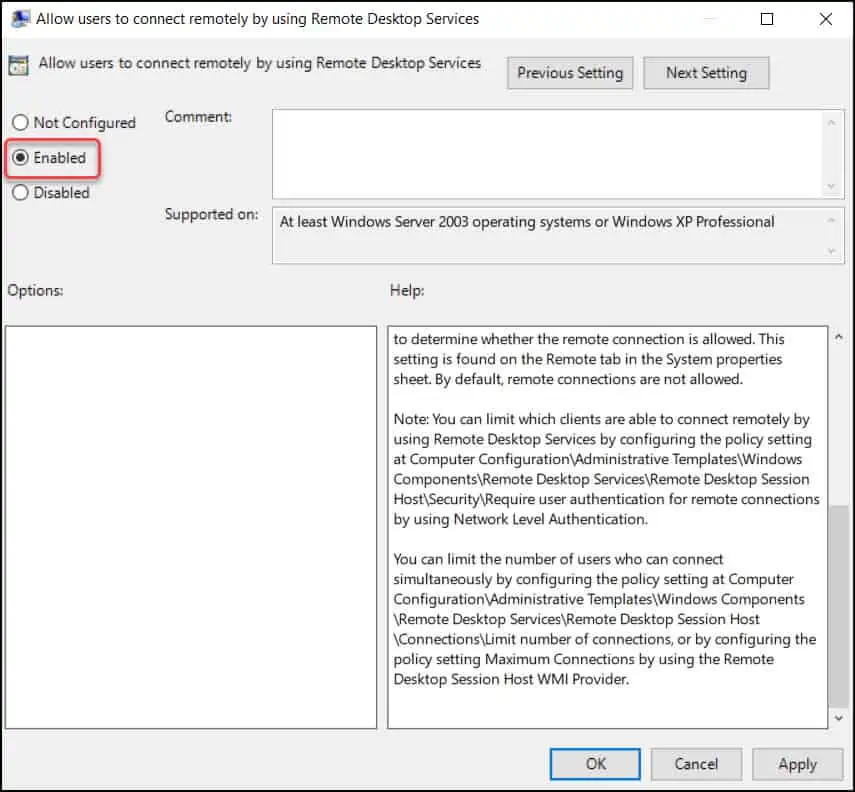 Allow users to connect remotely by using Remote Desktop Services