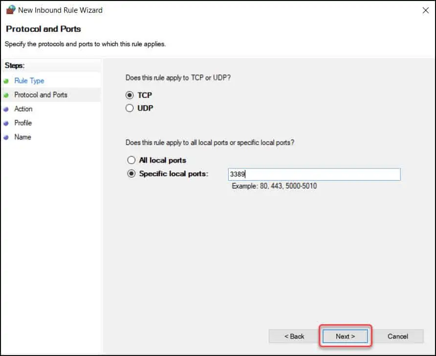 Allow Port 3389 (Remote Desktop Port) through Windows Firewall