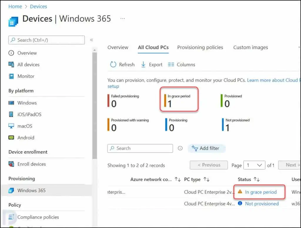 Grace Period for Cloud PCs