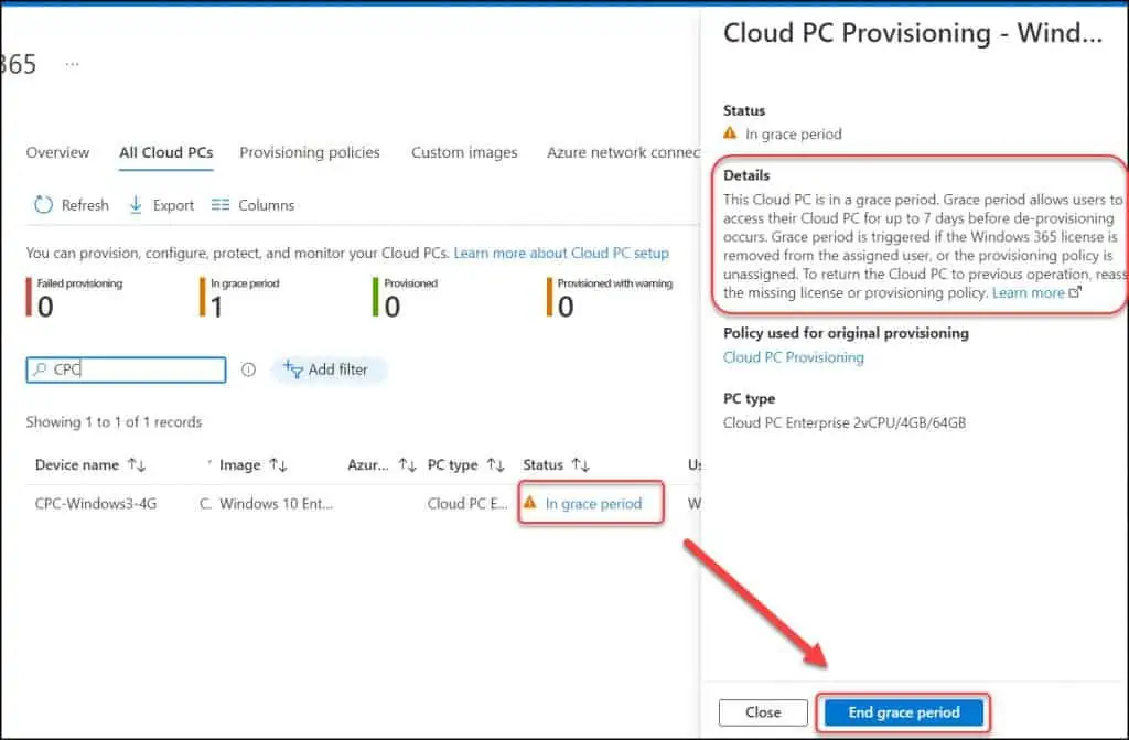 End Grace Period for Cloud PCs in Windows 365