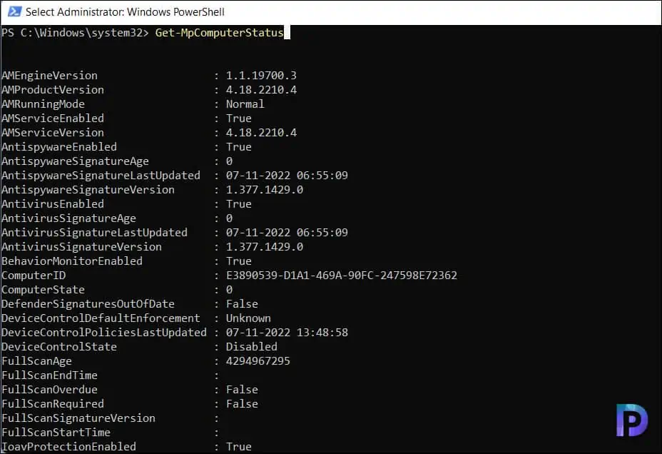 Find Antimalware Software Status using Get-MpComputerStatus command