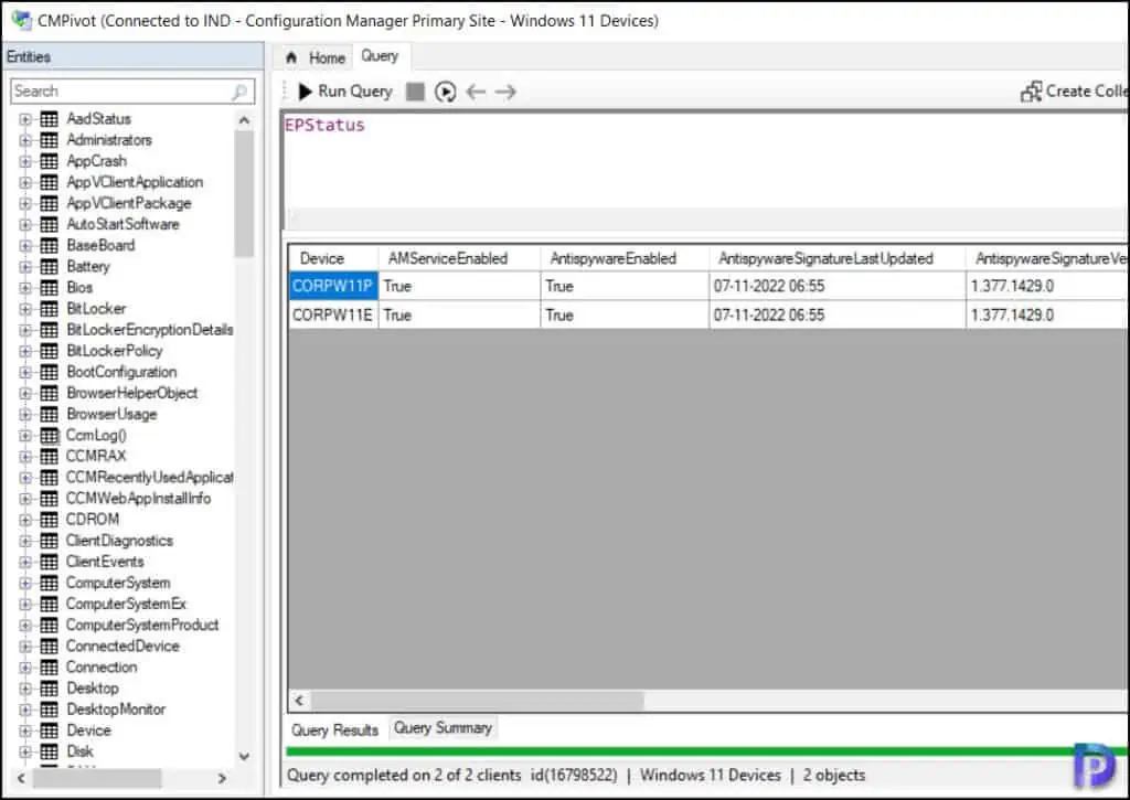 Find Antimalware Software Status using CMPivot Query