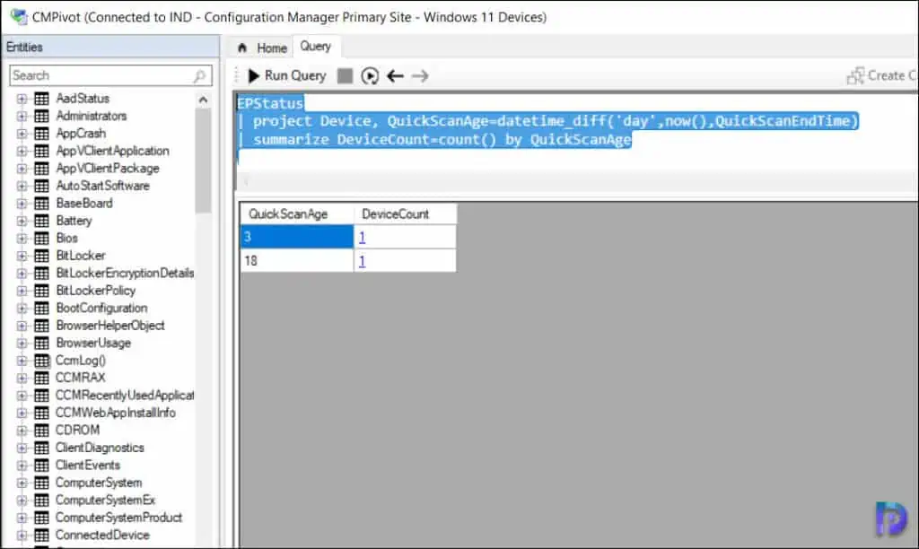 CMPivot query to find the Antimalware Software Quick Scan Age with Device Count