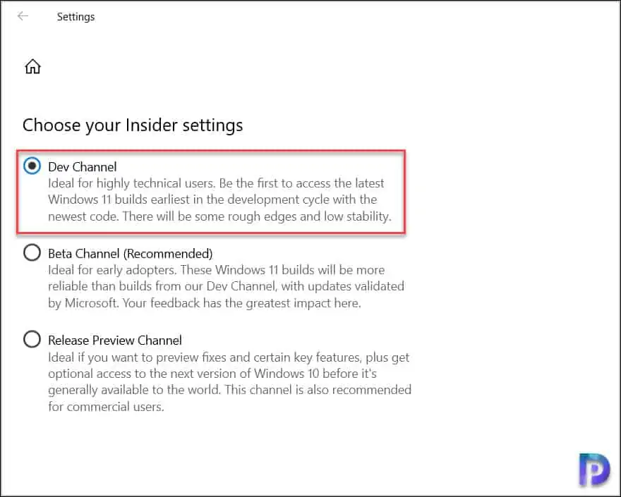Select Windows Insider Settings as Dev Channel