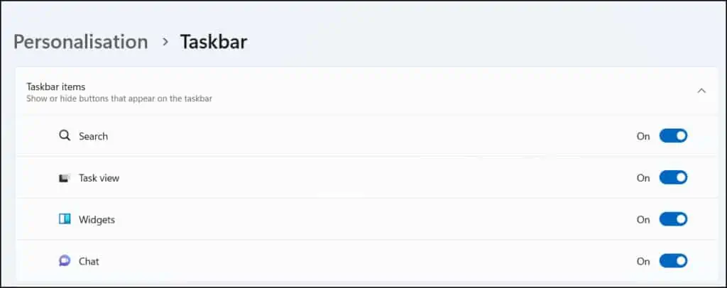 List of Windows 11 Taskbar Items
